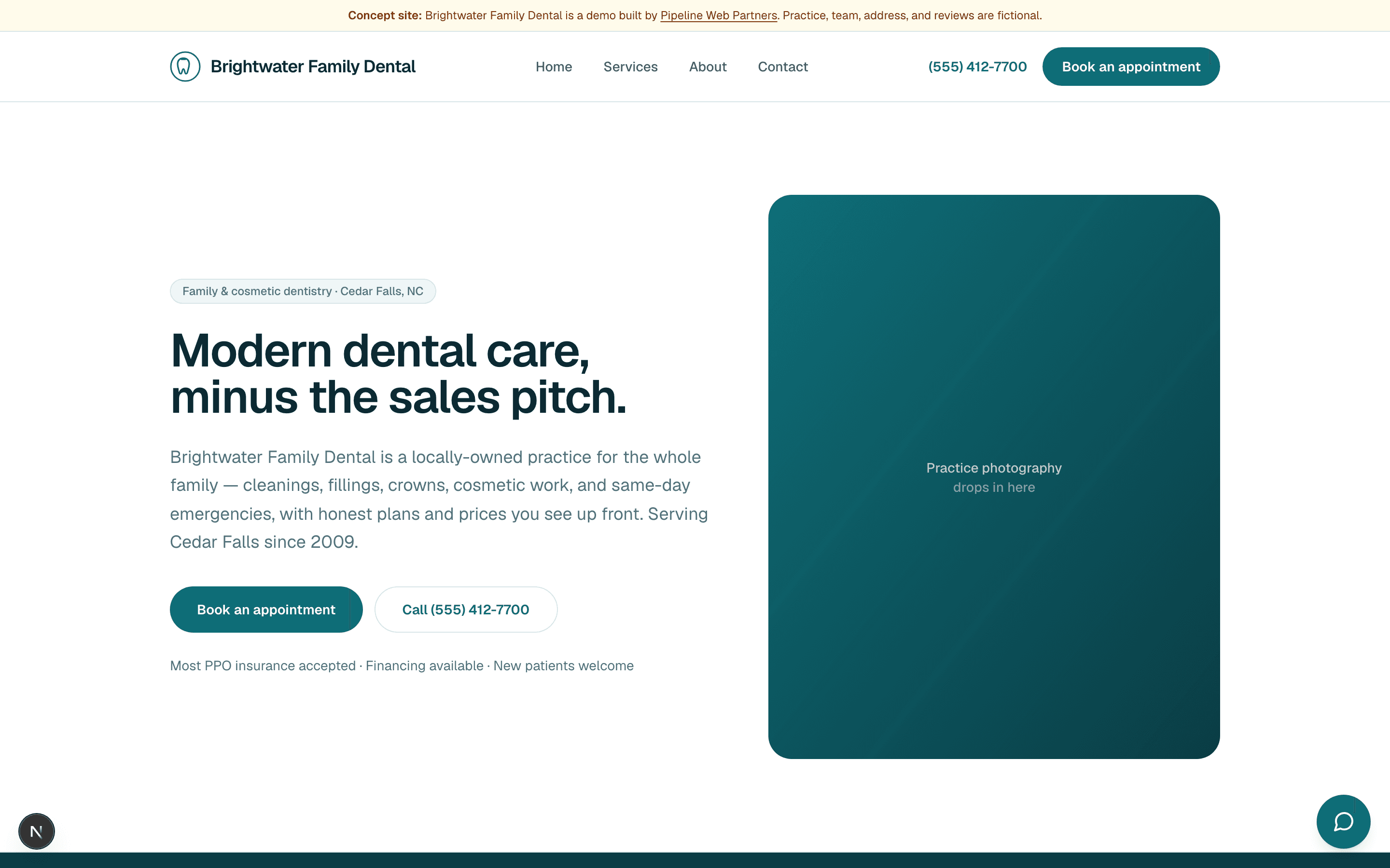 Brightwater Family Dental — a live Pocket Funnel demo site. Sample business.