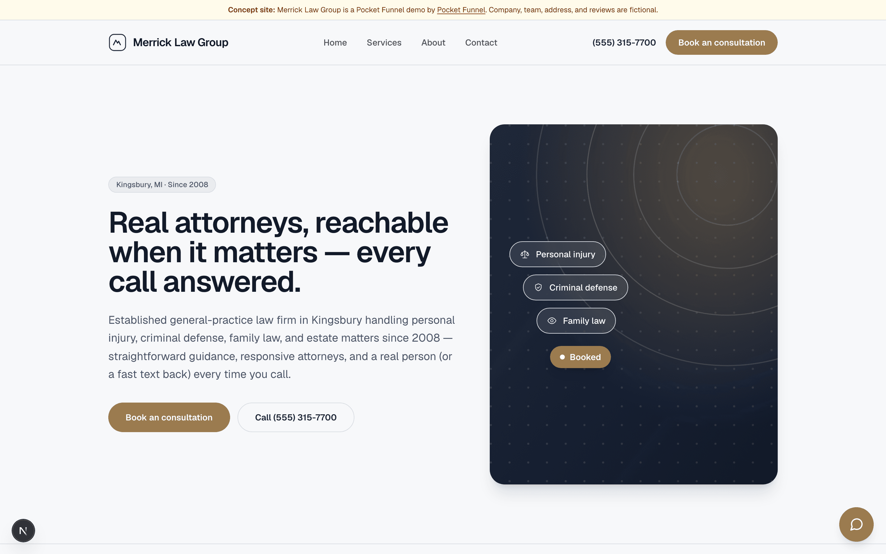 Merrick Law Group — a live Pocket Funnel demo site. Sample business.