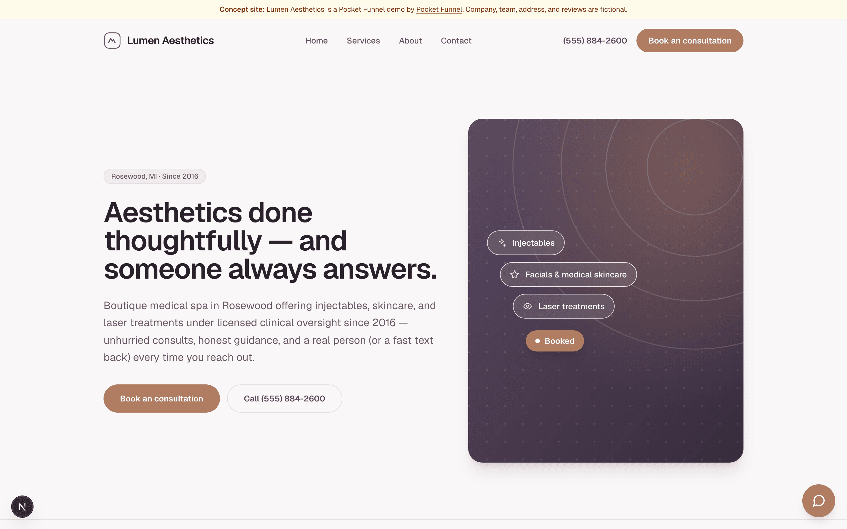 Lumen Aesthetics — a live Pocket Funnel demo site. Sample business.