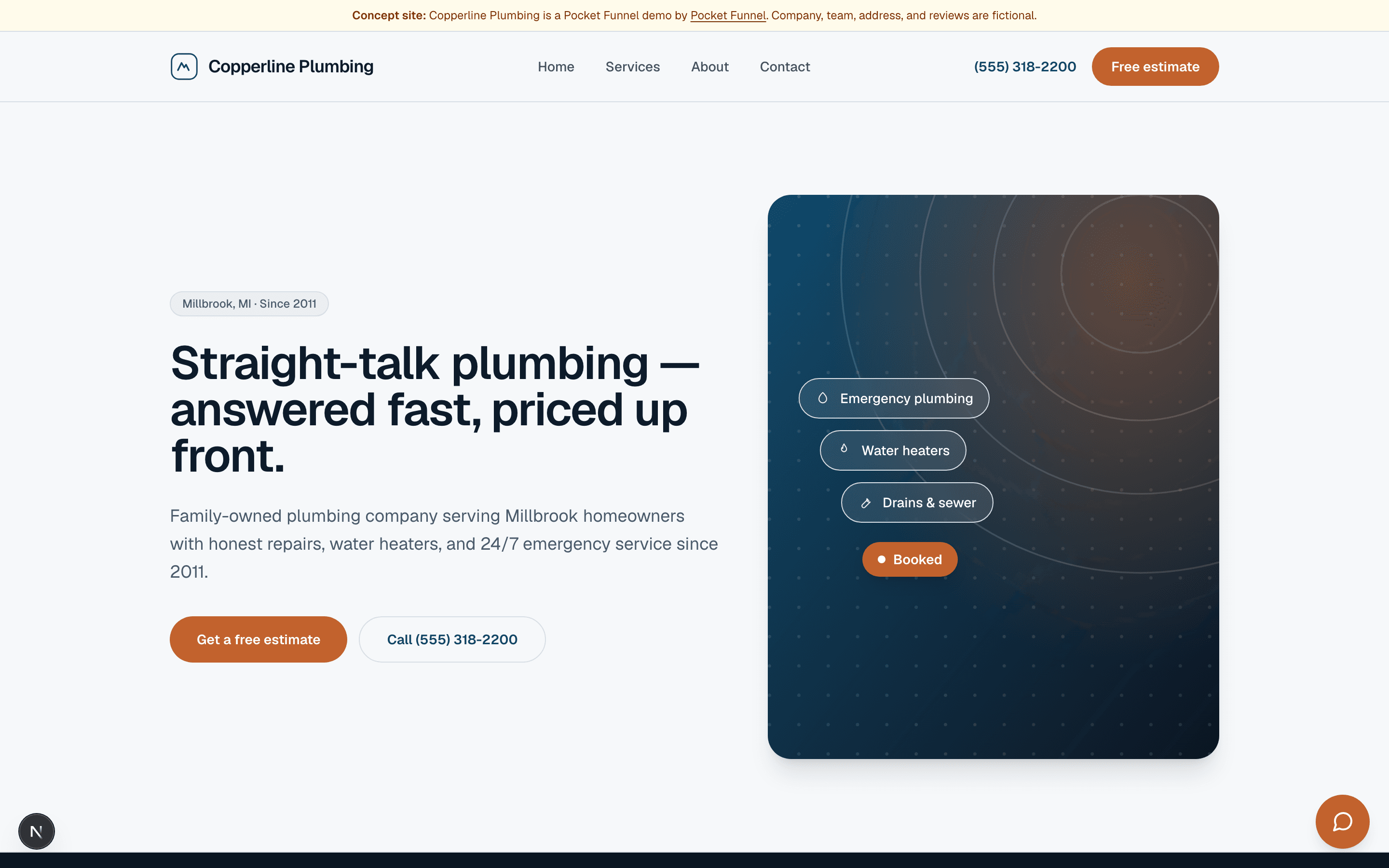 Copperline Plumbing — a live Pocket Funnel demo site. Sample business.