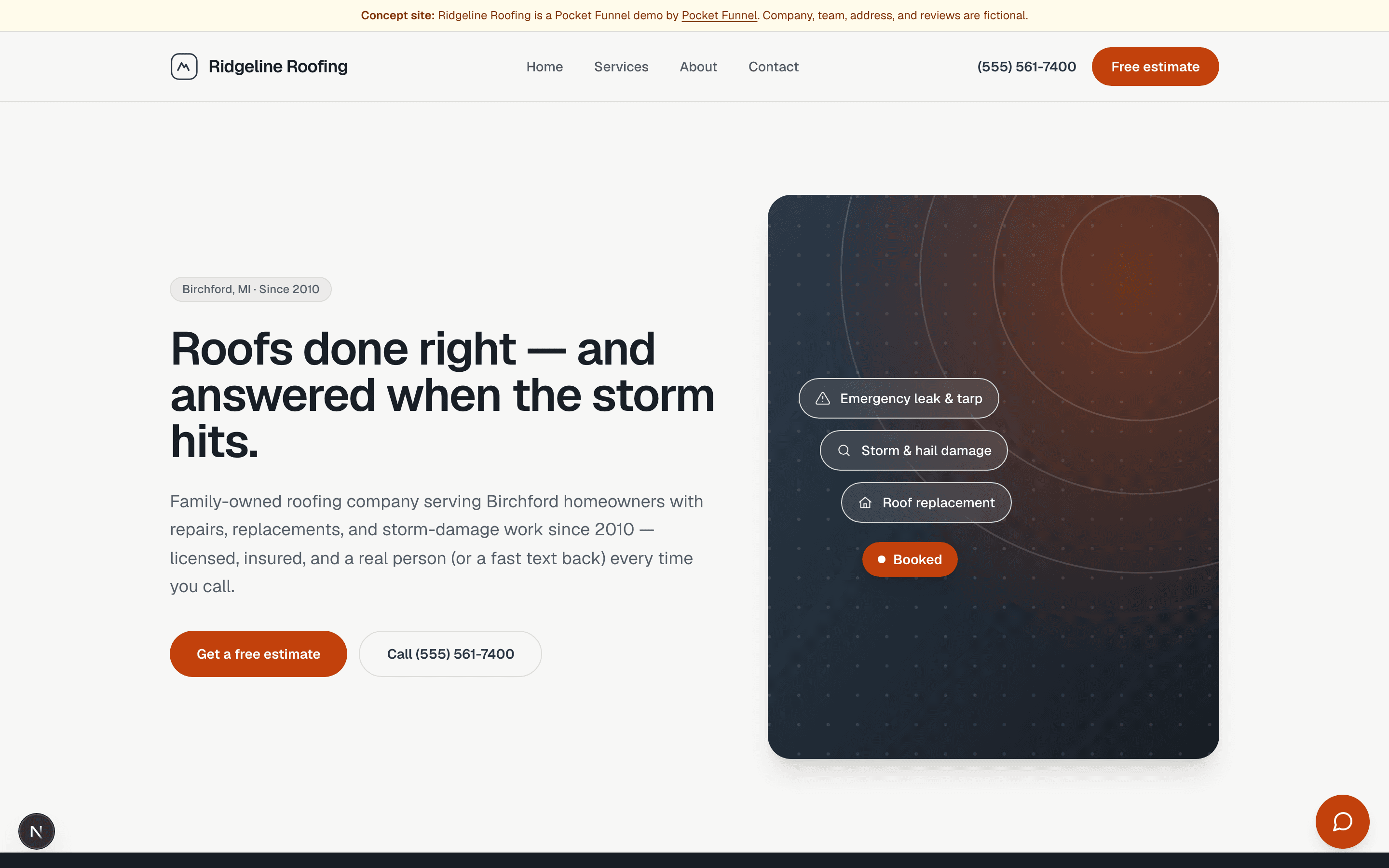 Ridgeline Roofing — a live Pocket Funnel demo site. Sample business.