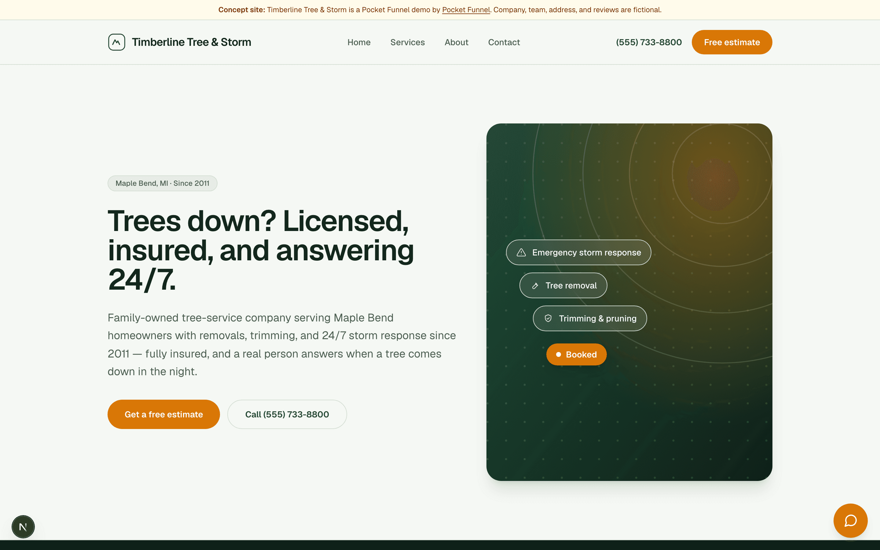 Timberline Tree & Storm — a live Pocket Funnel demo site. Sample business.