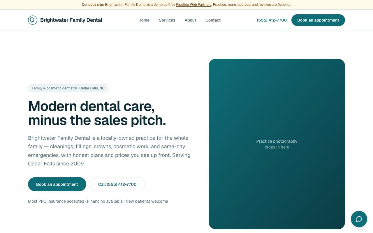 Brightwater Family Dental concept site — homepage hero with booking and an AI chat assistant