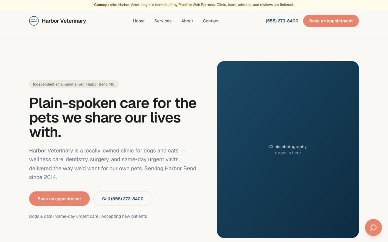 Harbor Veterinary concept site — homepage hero with booking and an AI chat assistant